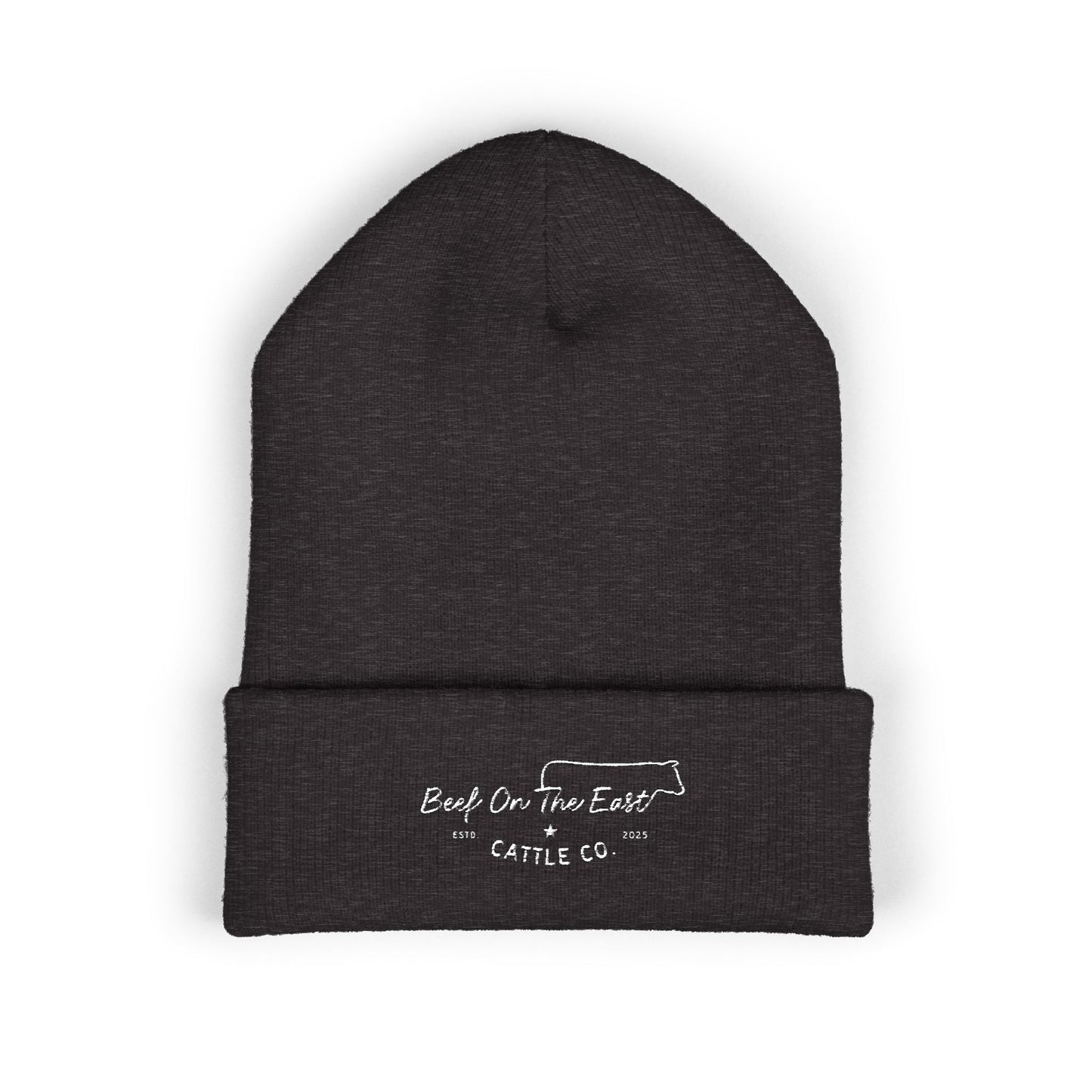 Embroidered "Coast on the Edge" Cuffed Beanie — Olive Knit Winter Hat
