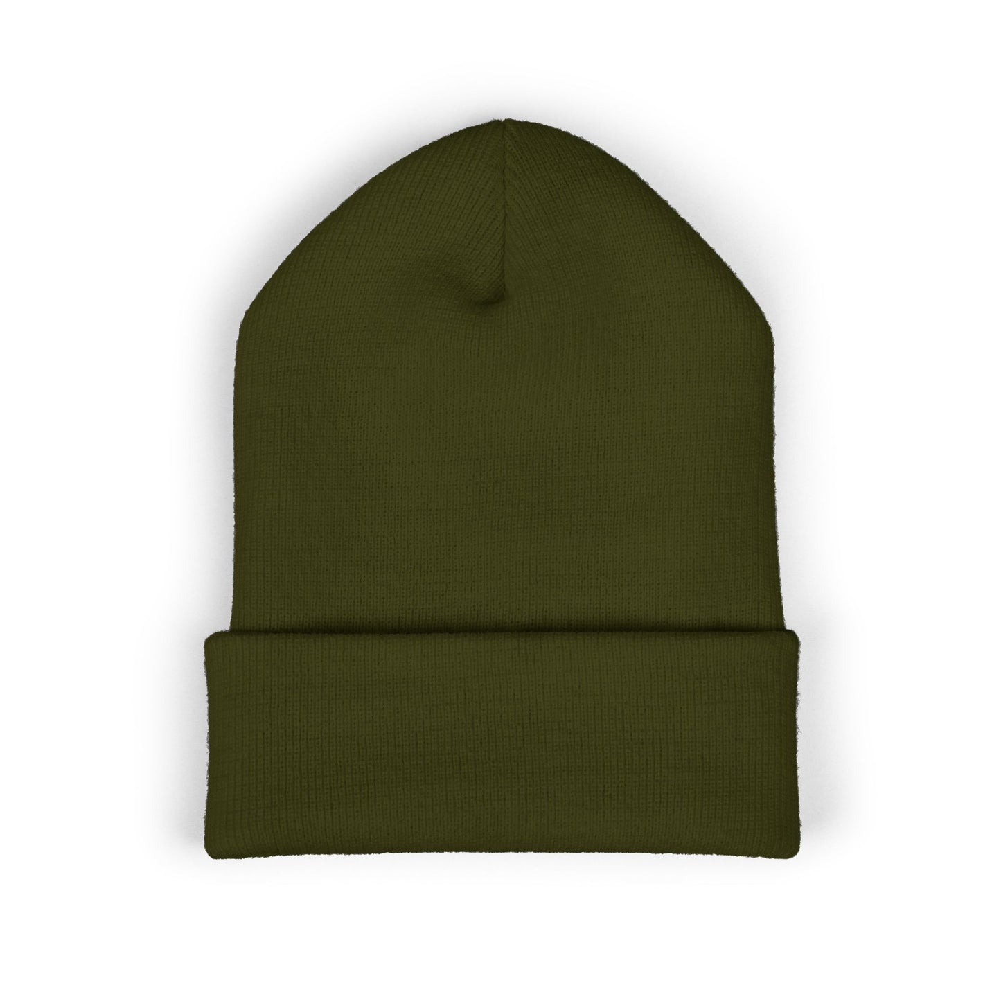Embroidered "Coast on the Edge" Cuffed Beanie — Olive Knit Winter Hat