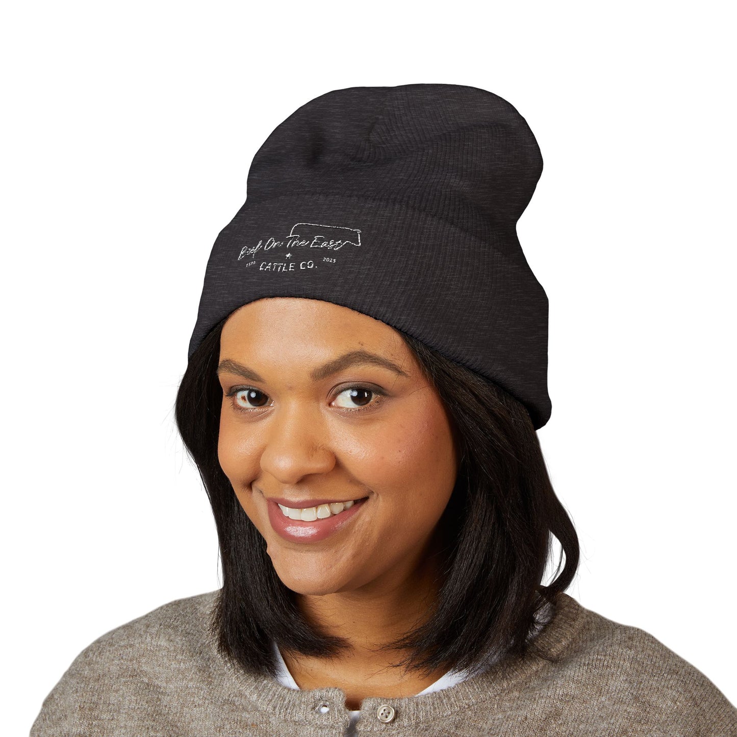 Embroidered "Coast on the Edge" Cuffed Beanie — Olive Knit Winter Hat