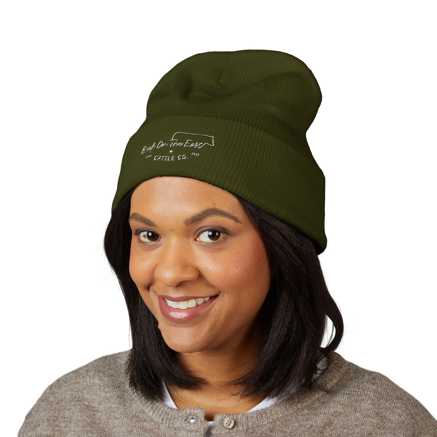 Embroidered "Coast on the Edge" Cuffed Beanie — Olive Knit Winter Hat