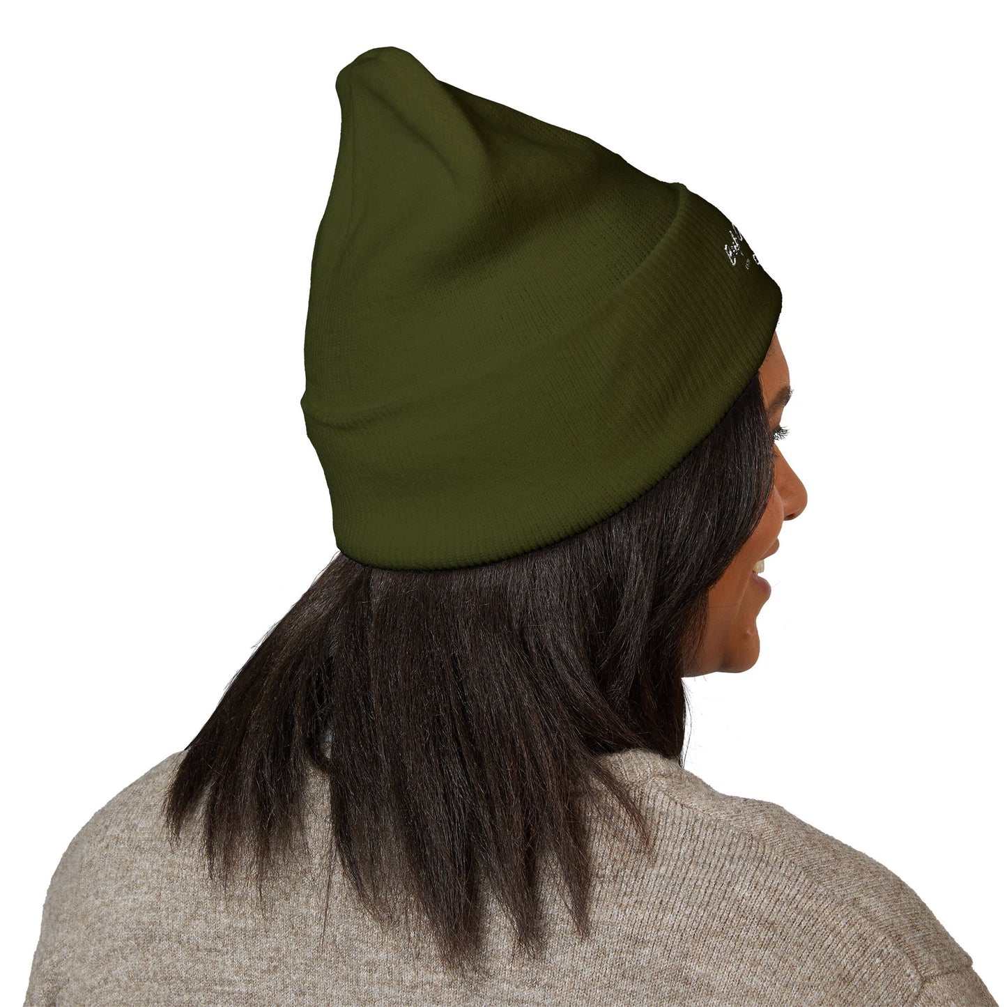 Embroidered "Coast on the Edge" Cuffed Beanie — Olive Knit Winter Hat