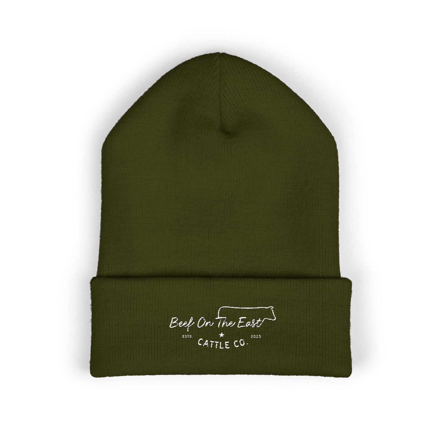 Embroidered "Coast on the Edge" Cuffed Beanie — Olive Knit Winter Hat