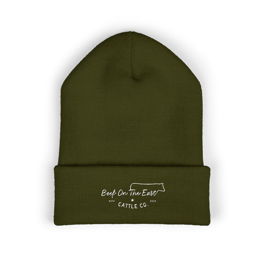 Embroidered "Coast on the Edge" Cuffed Beanie — Olive Knit Winter Hat